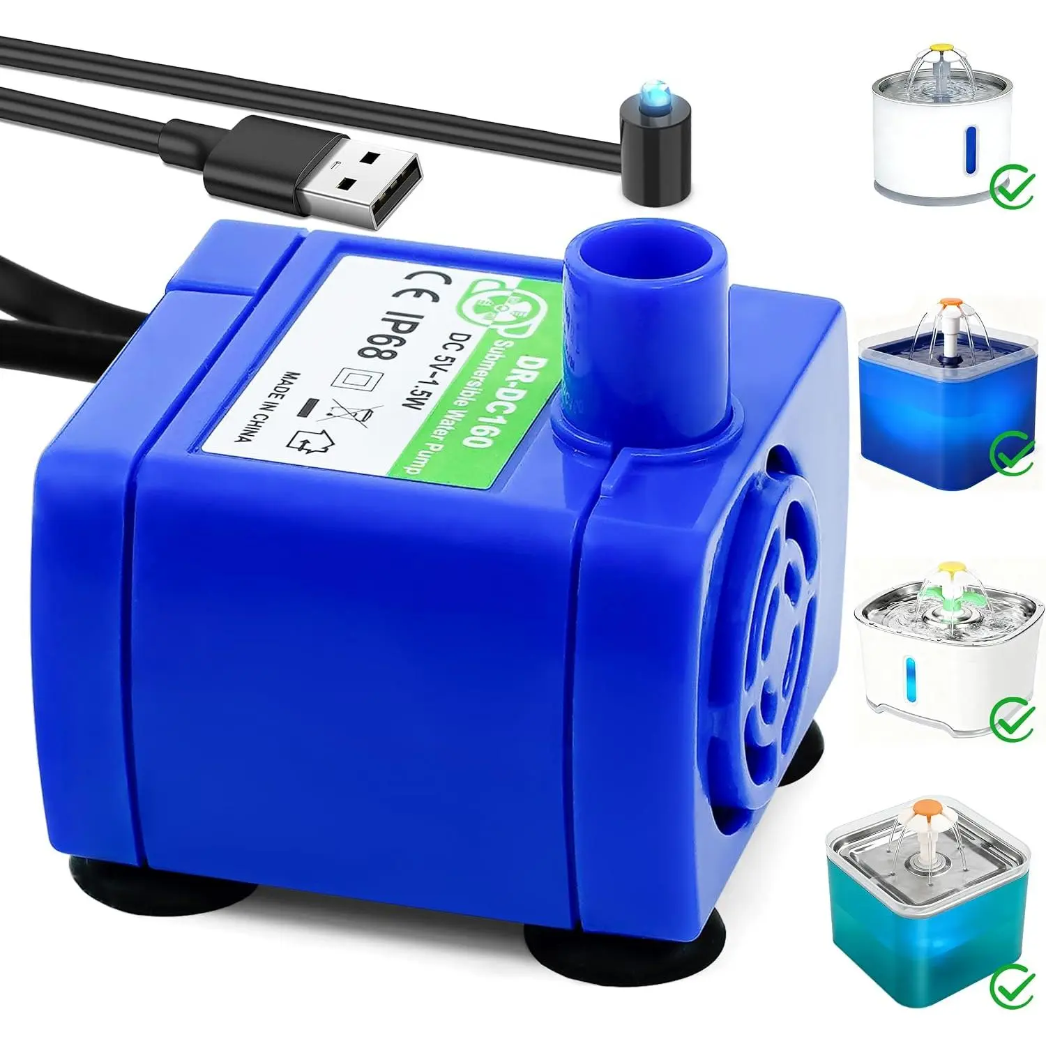 Water Fountain Pump,  Water Fountain Pump  Compatible , DR-DC 160 Submersible Water Pump with LED Light for Round, Cubic, Flower Cap,Stainless Steel  Fountain