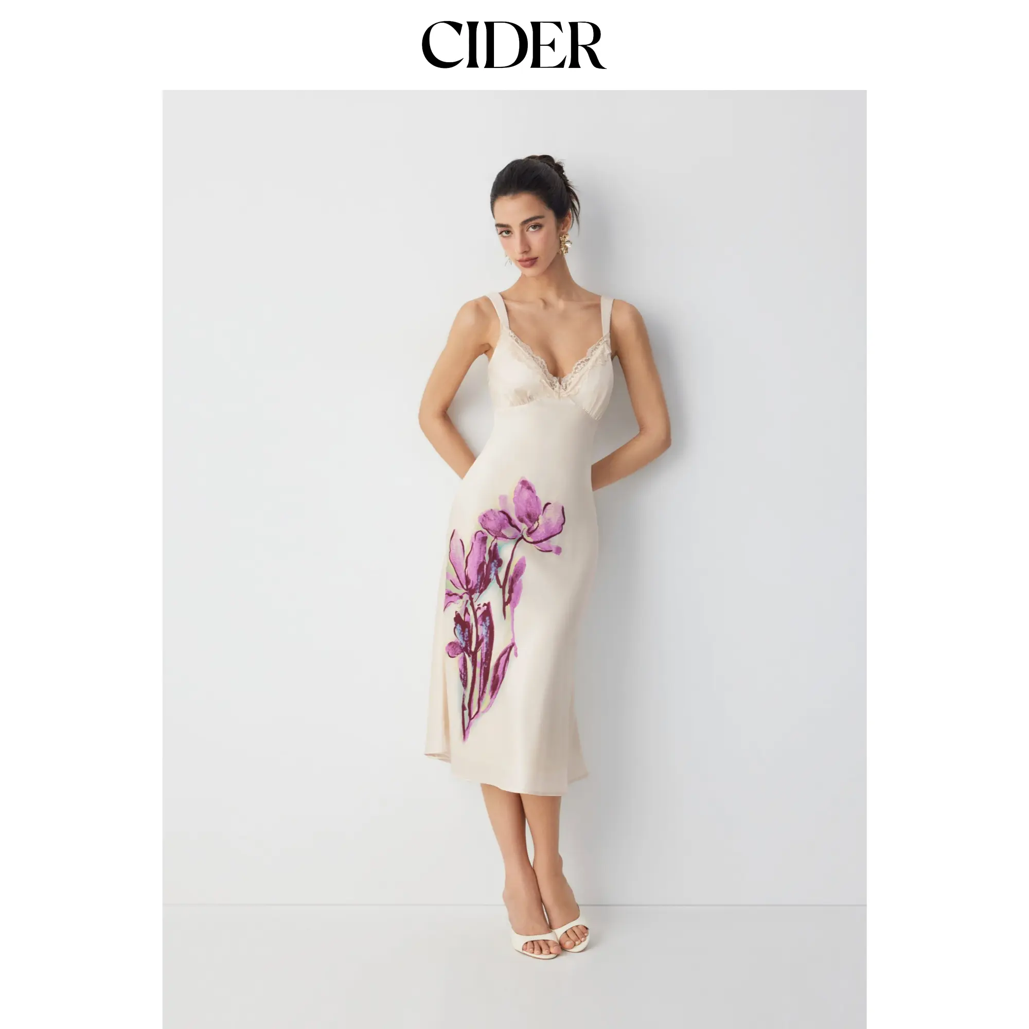 Cider Satin Floral Graphic V-neck Lace Trim Maxi Dress