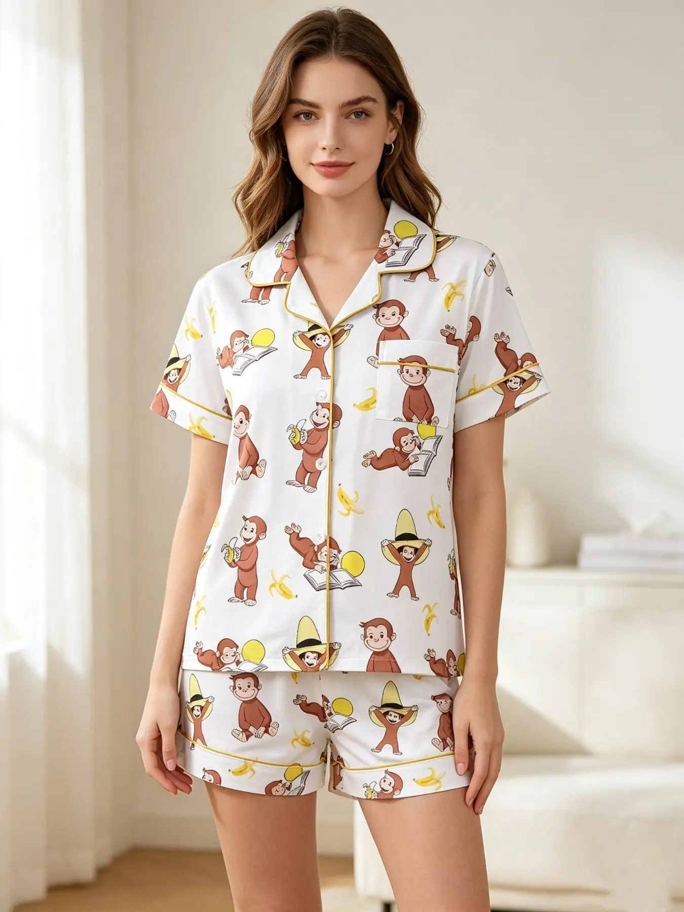 Monkey Pattern Cartoon Women's Pajama Set, Short Sleeve and Shorts, Unisex Four-Season Comfortable Sleepwear, Clear and Cozy Design