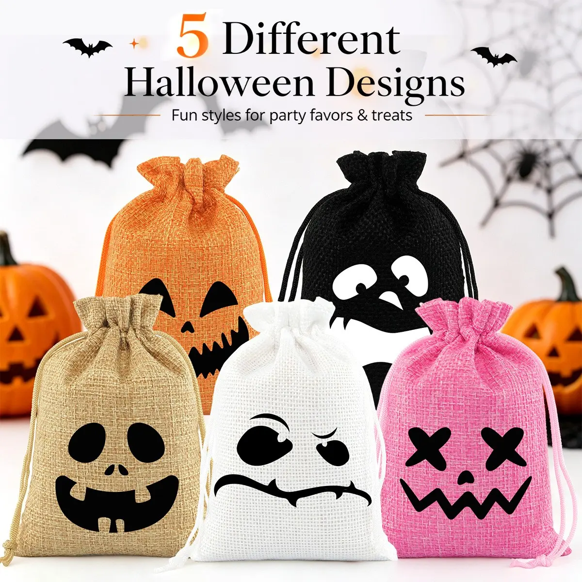 5pcs Halloween Burlap Treat Bags with Drawstring, Funny Ghost Face Candy Bags, Trick or Treat Storage Pouches, Loot Bags for Kids Halloween Party Favor