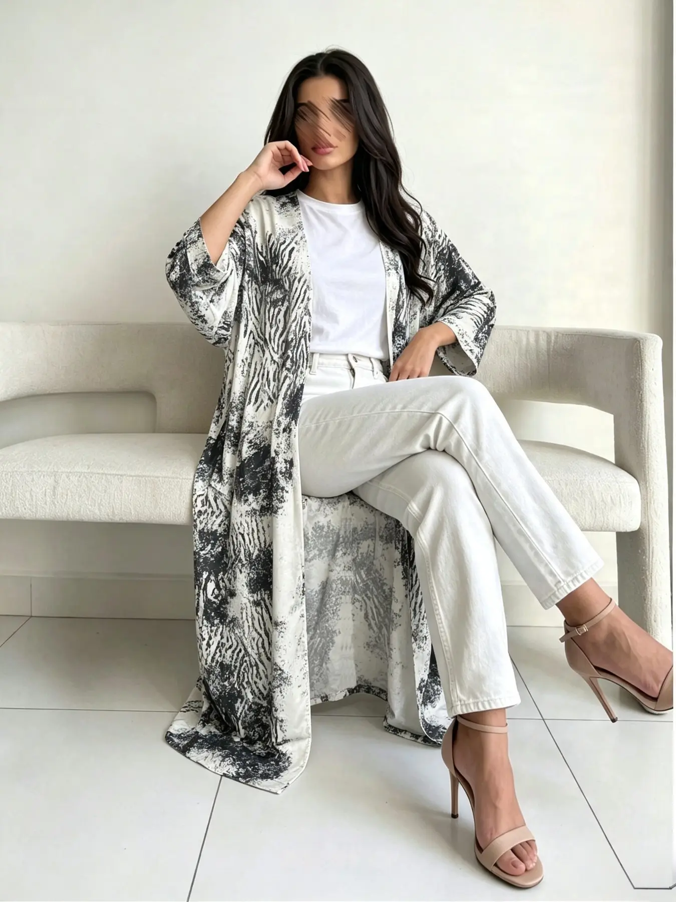 Open Front Long Kimono Cardigan, Oversized Batwing Sleeve Longline Outerwear, Loose Fit Printed Modest Abaya Cover Up, Women's Fashion