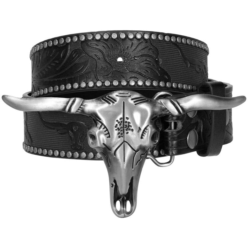 XZQTIVE Western Cowboy Cowgirl Belt for Men and Women Engraved Floral Longhorn Bull Cow Skull Western Leather Buckle Belt for Men Women Floral Engraved Cowboy Belt for Jeans Longhorn Bull Buckle Waist Belt,L Western Brown Leather Print Belt with Buckle