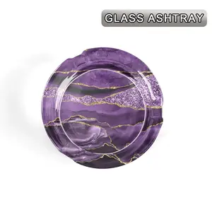 1Pc Luxury Purple Agate Geode Gold Foil Glitter Vein Print Round Glass Ashtray, Marble Natural Stone Texture Decorative Crystal Tray, Elegant Modern Desktop Ornament for Home Vanity Bar Decor & Unique Luxury Gift