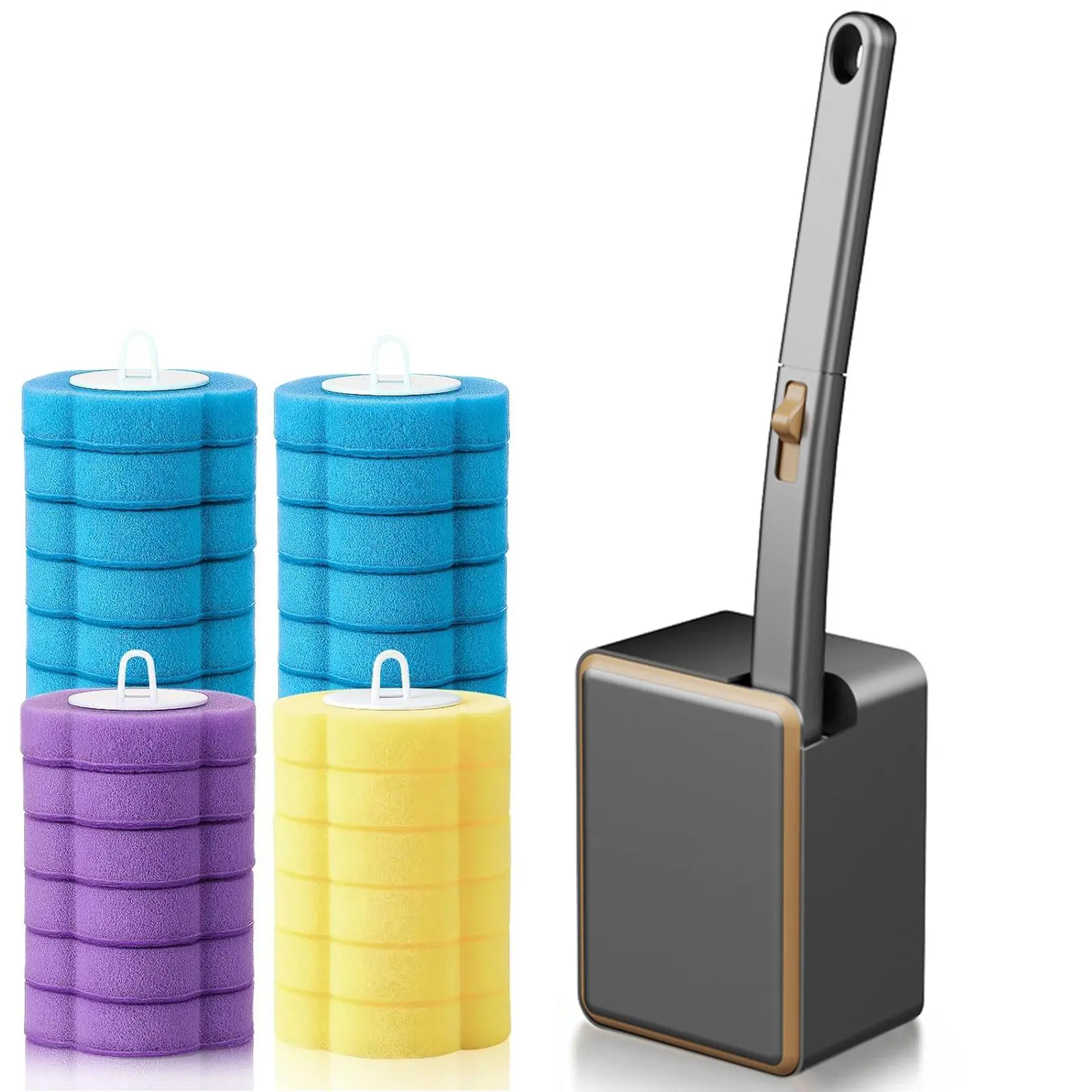 Wall-Mount Durable Toilet Brush Cleaner & Plunger Set, Square Gold-Rim Black Disposable Plastic System, Compact ABS Wand with Magnetic Clamp & 24 Scented Refill Heads for Modern Home Bathroom