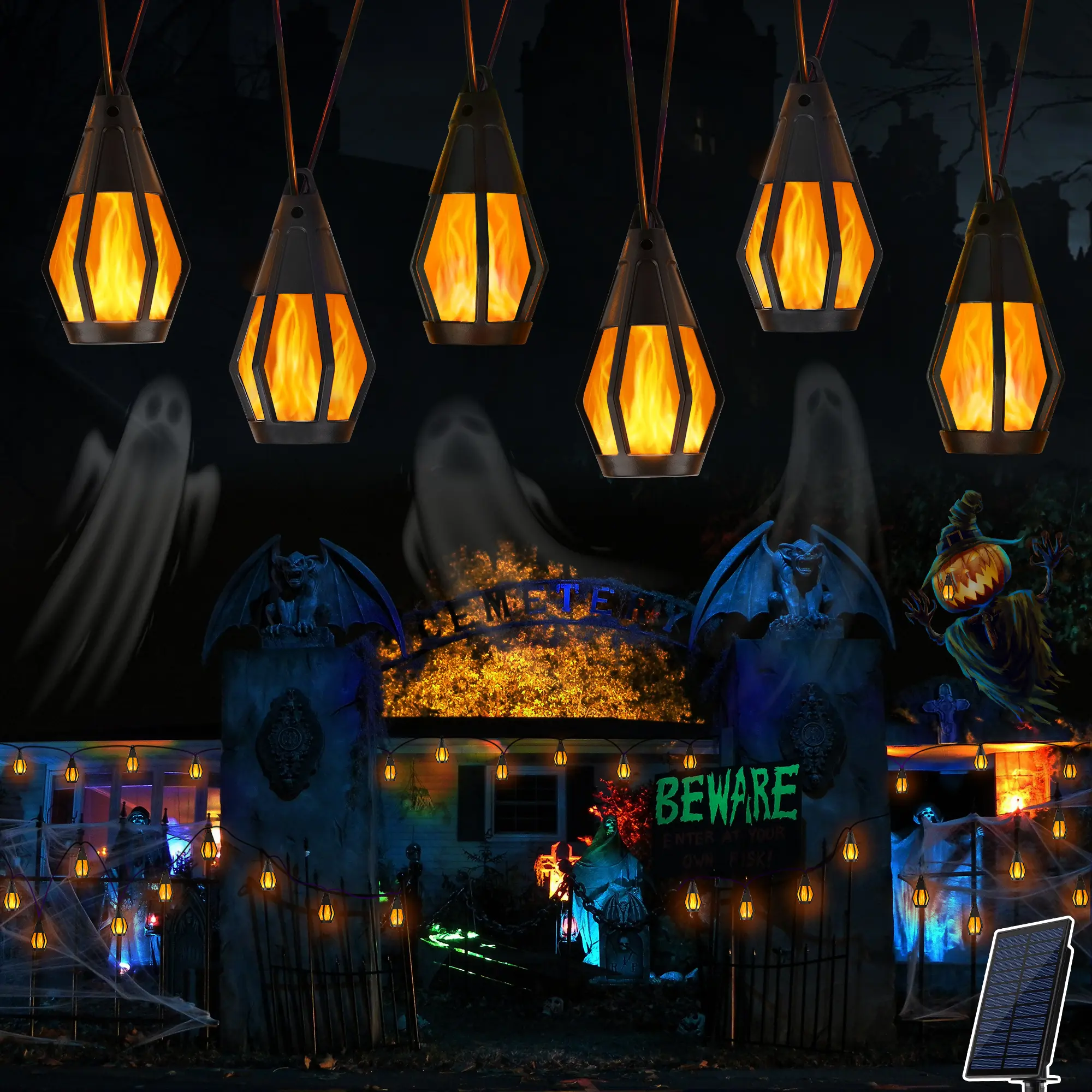 Solar Halloween Flame String Lights, 32FT 15 LED Flickering Flame Lanterns, IP65 Waterproof Auto On/Off Outdoor Lights for Garden, Patio, Fence, Yard & Halloween Decor