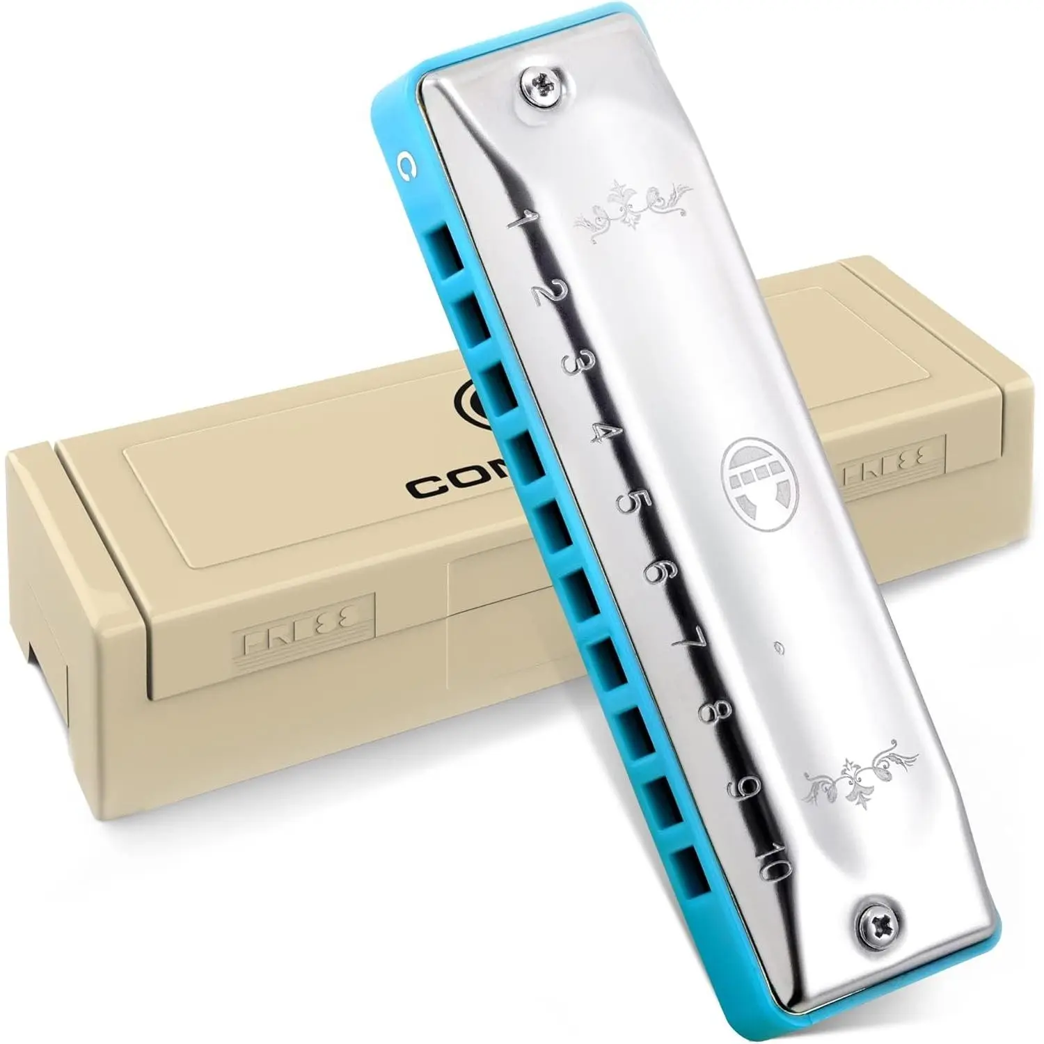 Blues Harmonica for Beginners Students Adult 10 Hole Diatonic Harmonica in C Key Special Brass Reeds Mouth Organ with Case, Key of C Sliver Blue