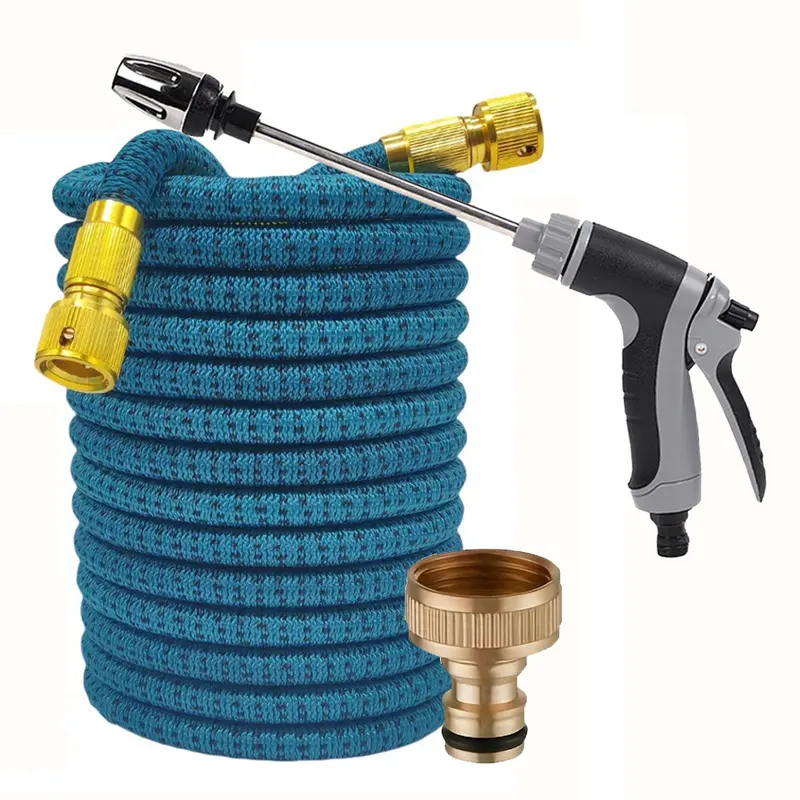 Heavy Duty Brass Fitting Expandable Hose Pipe Auto Retractable Magic Water Hose Gun Set for Outdoor Garden Irrigation Car Wash