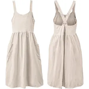 Uaussi Cotton Linen Apron Cross Back Work Apron for Women with Pockets Pinafore Dress X Cross Halter Apron for Chef Gardening