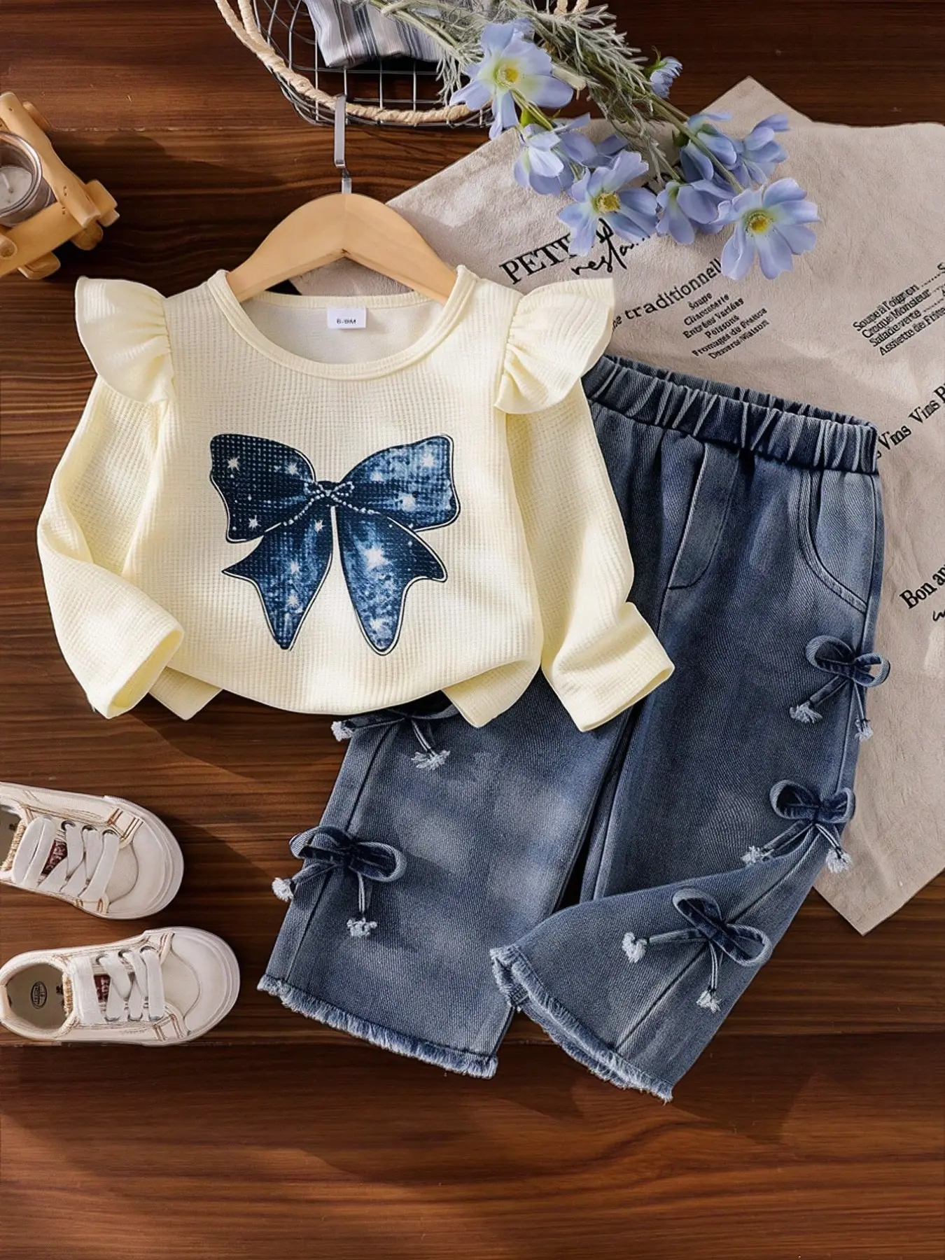 Baby Girl Fashion Spring Fall 2-Piece Set, Star Butterfly Knot Waffle Ruffle Fly Sleeve Top + Side Knot Fringe Jeans Pants Set