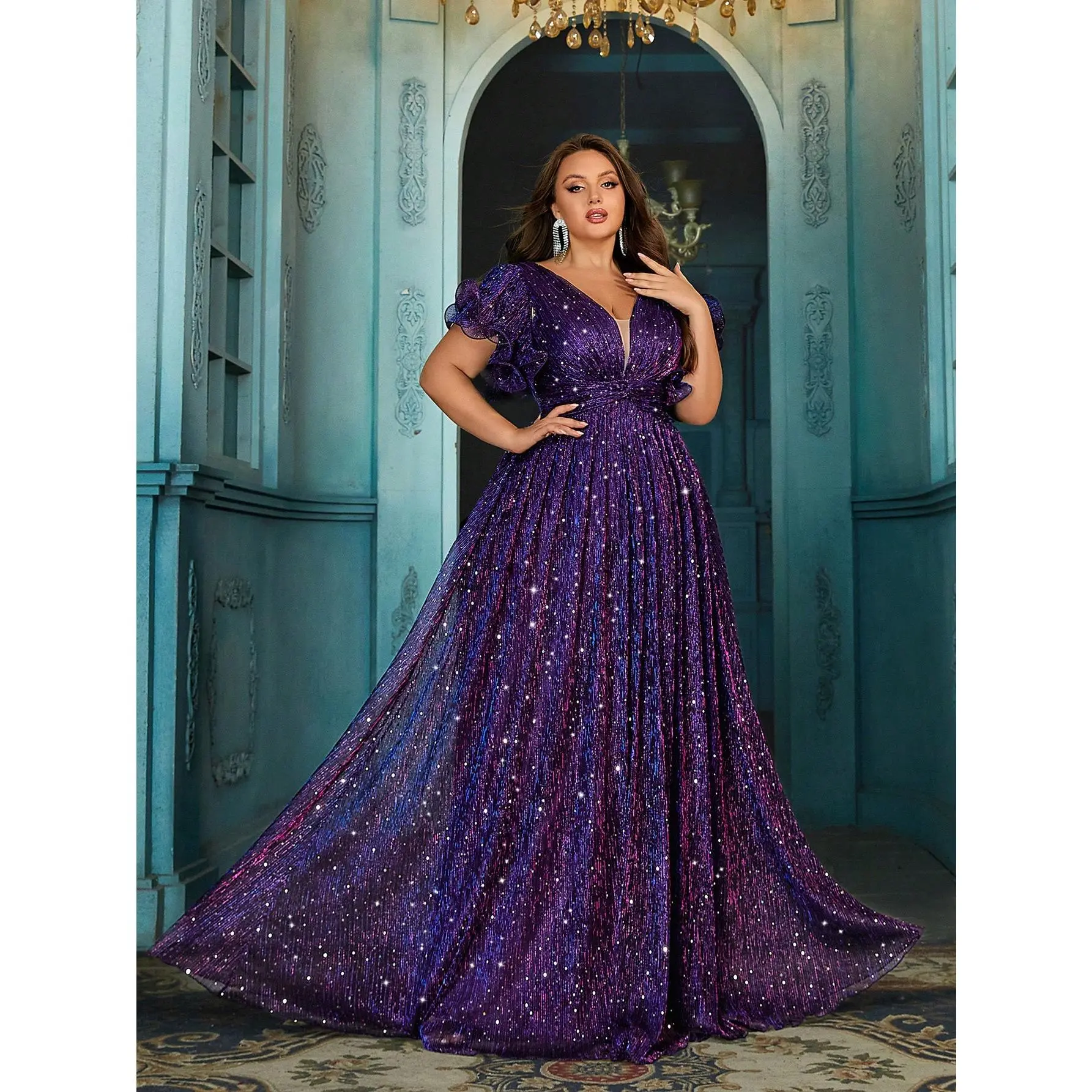 Women's Elegant Sequin Patchwork Sparkling Formal Dress, Plus-size Deep V-neck Ruffle Short Sleeve Evening Gown, A-line Hem Prom Party Dress, Purple Wedding Guest Dress, Bridesmaid Dress, Birthday Dress, Christmas Long Dress, Festive Date Dress,Gala Dress