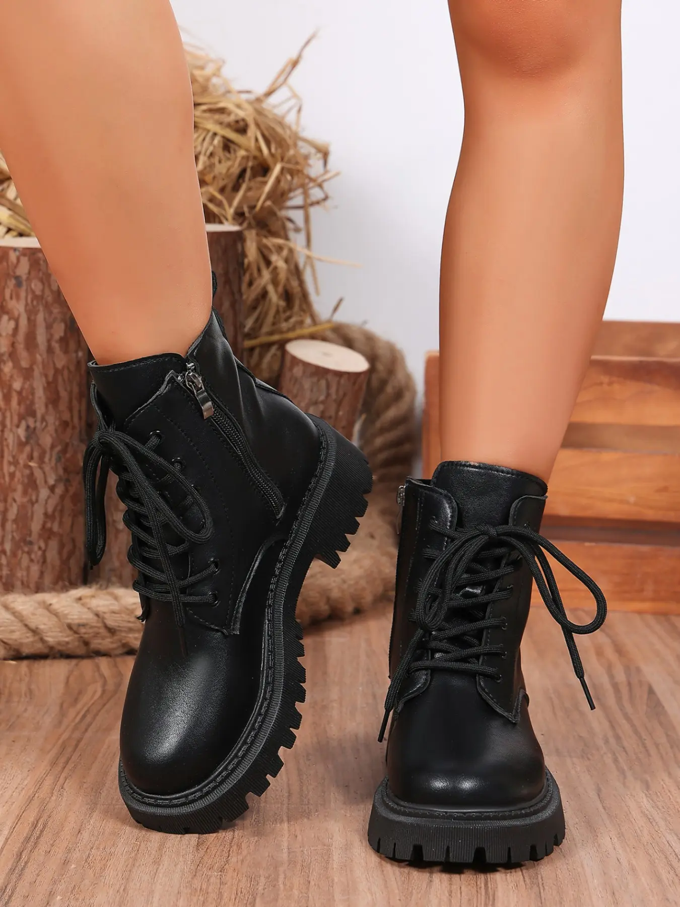 Women's Fall Winter Thick Sole Boots, British Style Laces Side Zipper Short Calf Motorcycle Boots, Anti-Slip Platform Heel