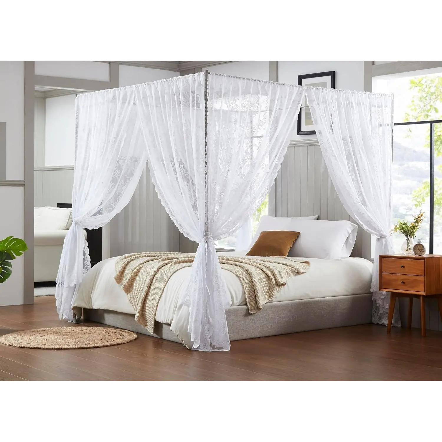 Lace Canopy Bed Curtains Set includes 8 48" x 78" White Canopy Curtains with Tie-Backs, Fits Queen or King Size Canopy Beds for Coquette Bedroom Decor
