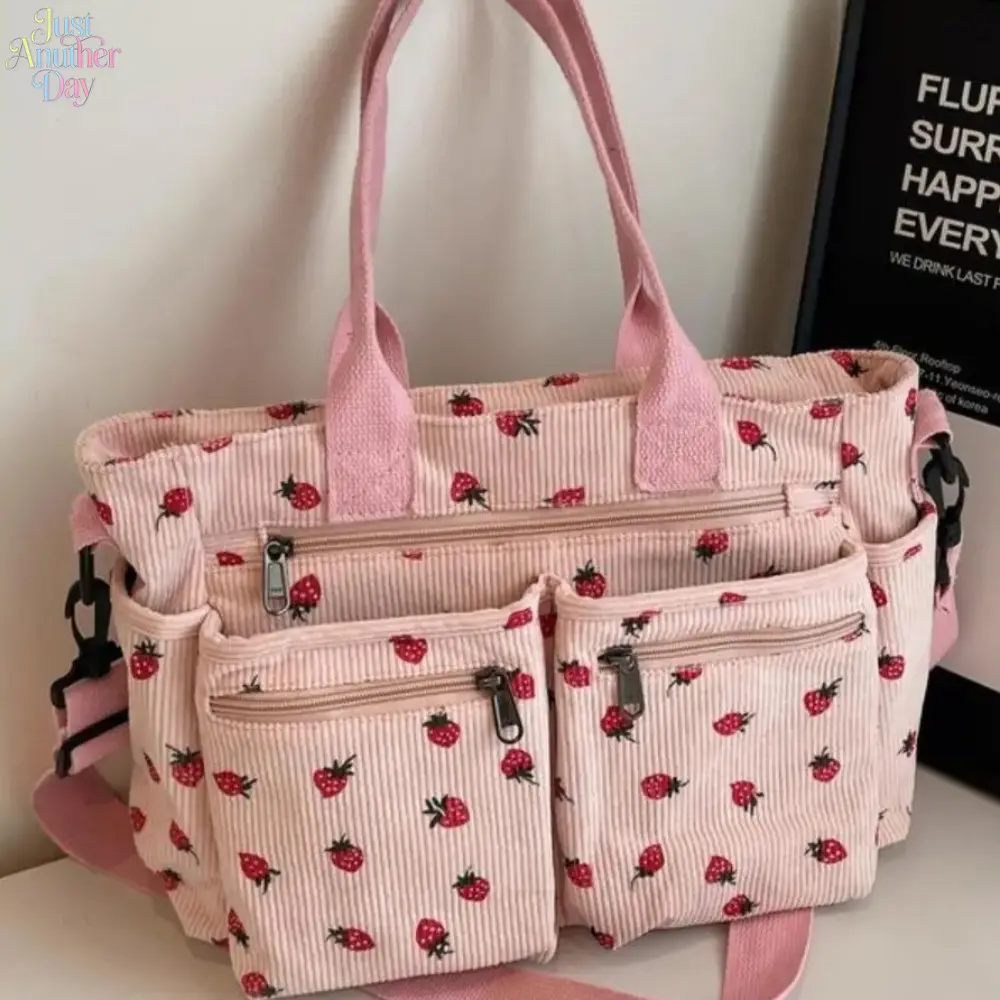 Women's Cute Strawberry Print Canvas Tote - Large Capacity Aesthetic Shoulder Bag, Trendy Casual Everyday Bag Ideal for Shopping, Travel, Daily Commuting, Bags For Everyday