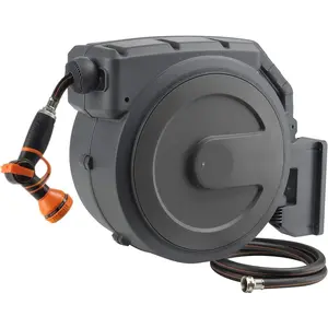 Retractable Garden Hose Reel 1/2 Inch x 130 ft, Super Heavy Duty, Any Length Lock, Slow Return System, Wall Mounted and 180 Deg Swivel Bracket