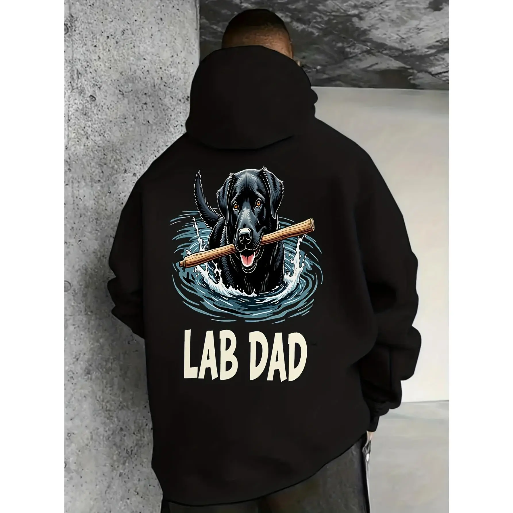 Men's and Women's Black Labrador Retriever "LAB DAD" Fishing Pattern Hoodie - Labrador Swimming Dog Print Pullover with Kangaroo Pocket, Cotton Blend Casual Sweatshirt, Suitable for Game Days, Casual Outfits, and Labrador Enthusiasts