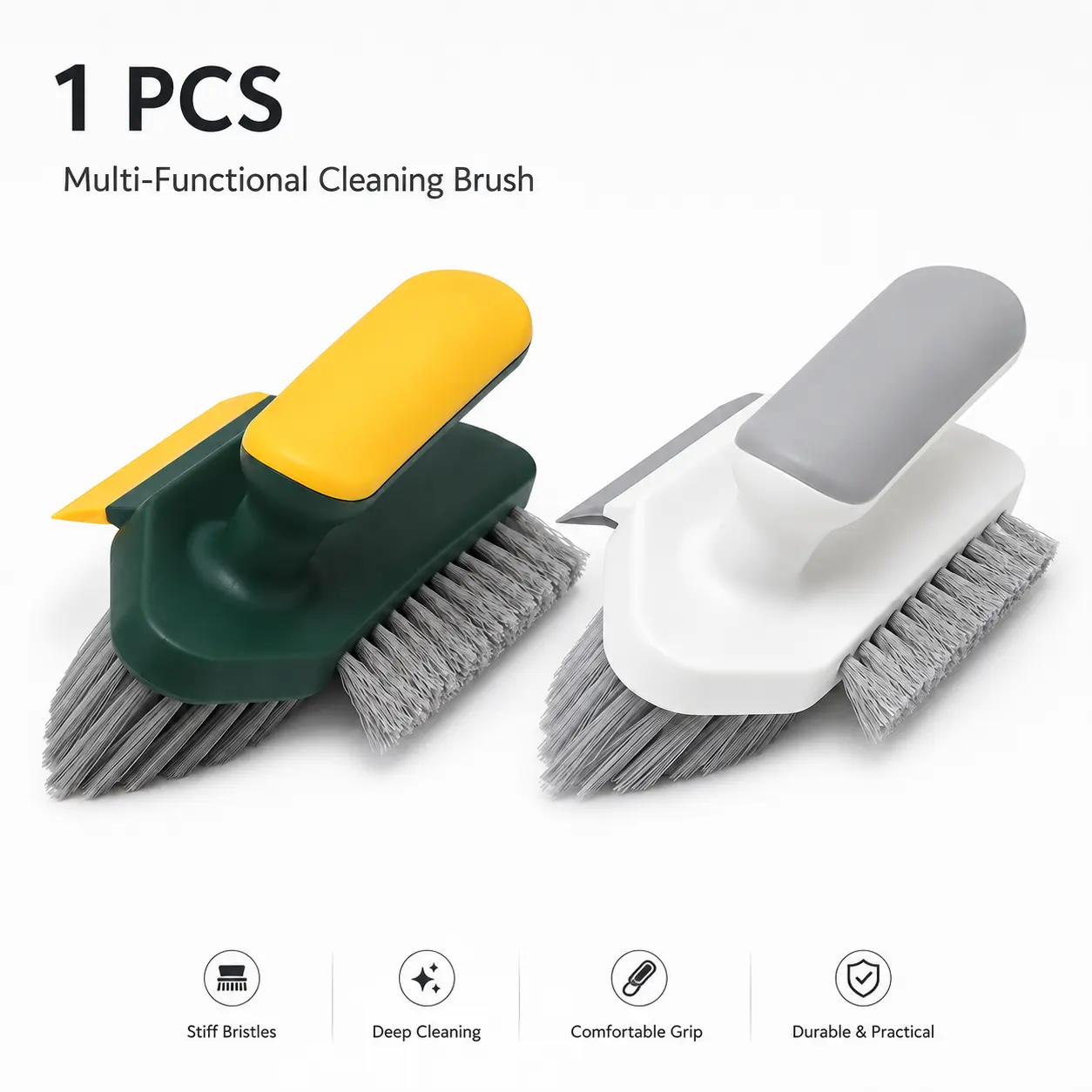 4-in-1 Compact Household Grout Cleaning Tool with Scraper, Rubber Squeegee, V-Shaped Stiff Bristle Tile Brush for Shower, Window Wipe