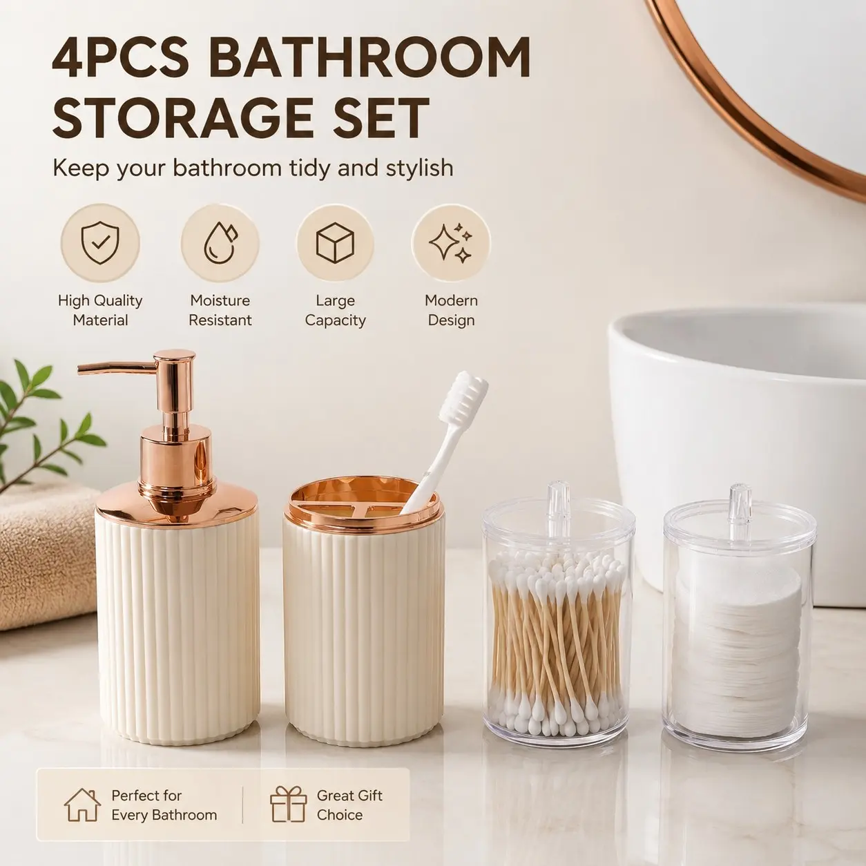 Bathroom Essentials Four-Piece Set, Toothbrush Cup, Hand Sanitizer Dispenser, Cotton Swabs & Pads Holder, Storage Jar, Bathroom Organizer