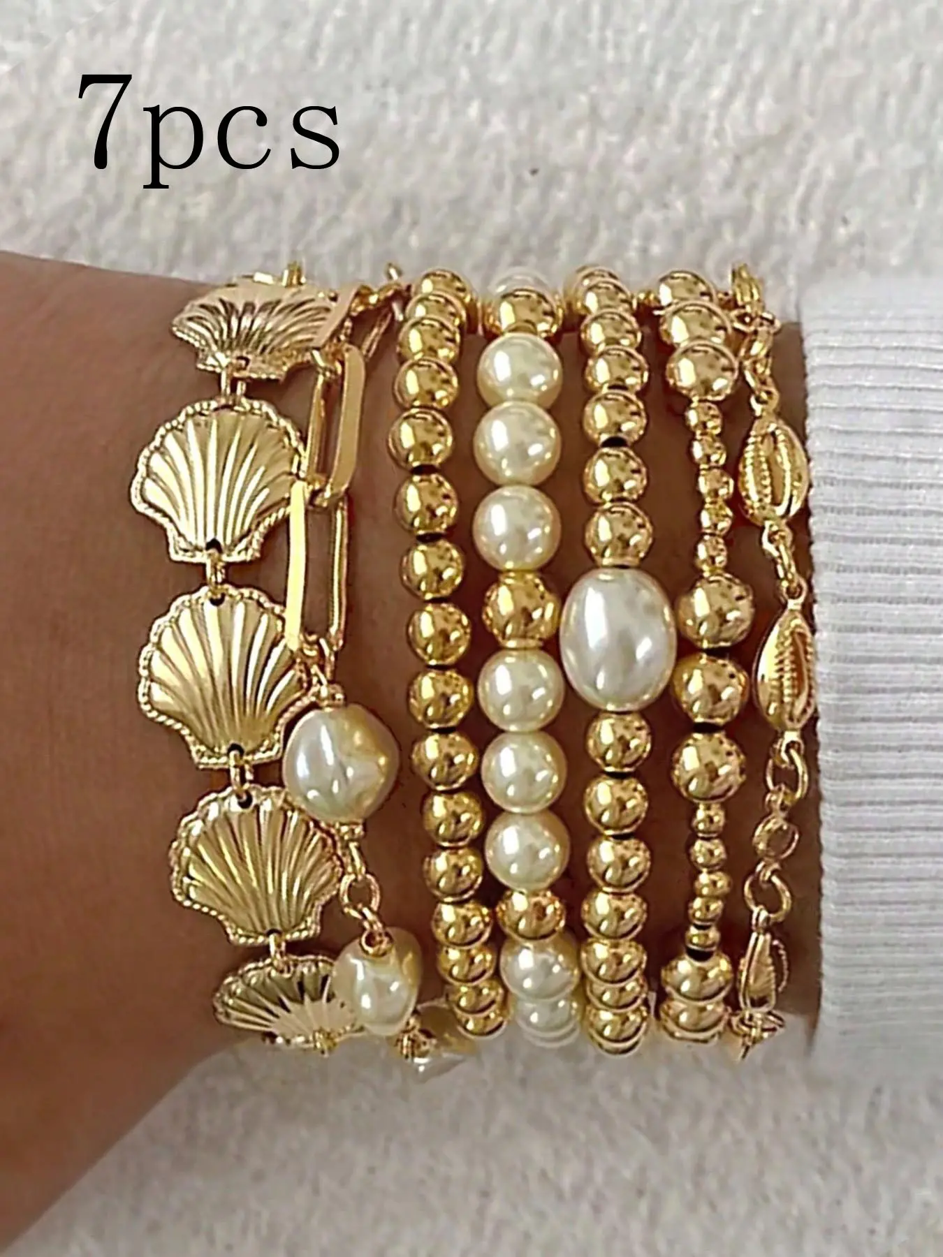 7pcs Boho Bracelet Set for Women, Starfish Shell & Pearl Beaded Stackable Bracelets, Elegant Jewelry Gift Idea