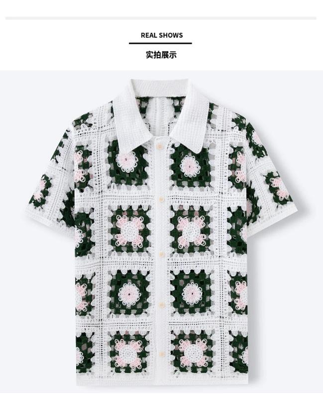 Kyn Apparel Summer Men Knitted Hollow Out Polo Shirt Fashion Short Sleeve Cardigan Tops French Retro Ethnic Premium Crochet Knitting Shirts