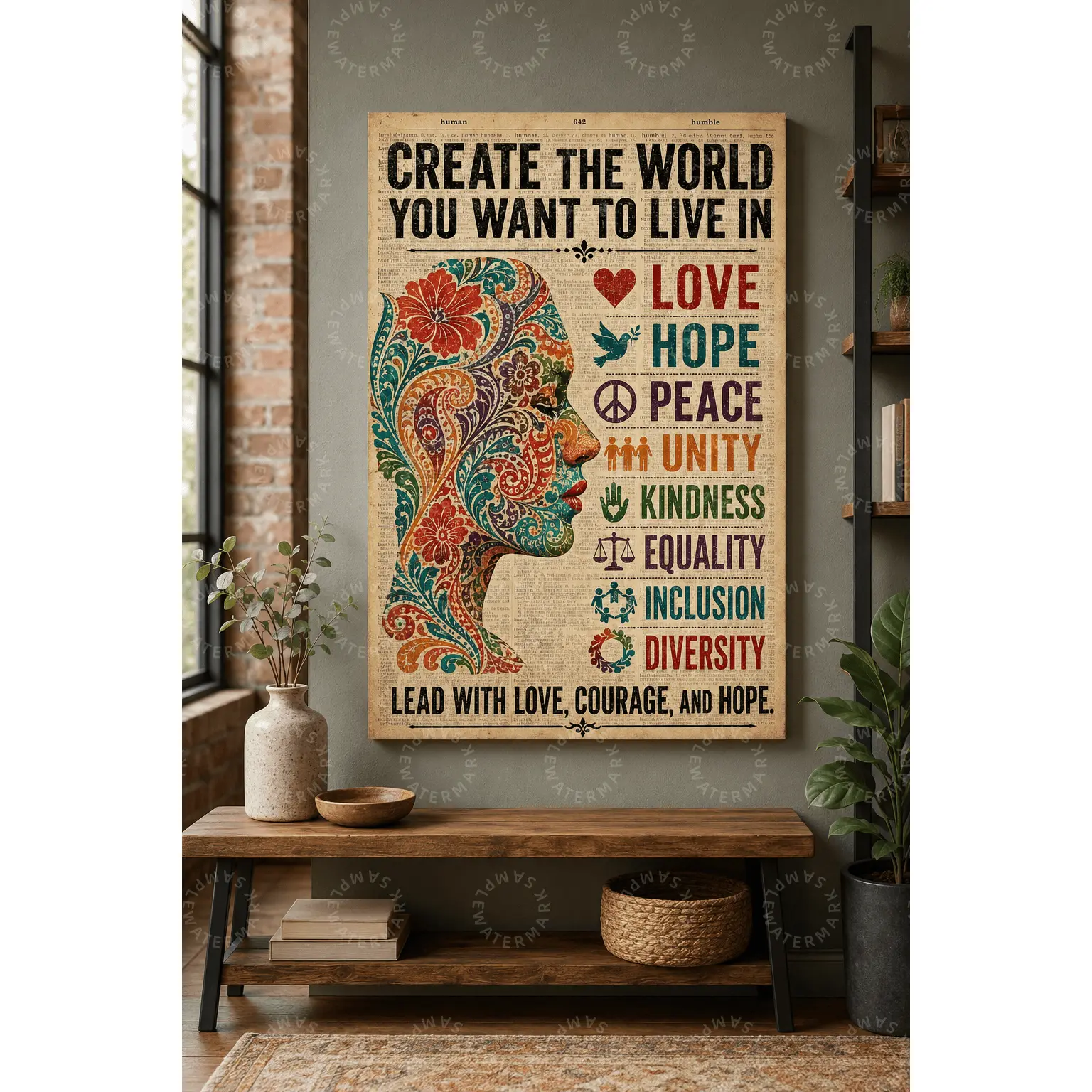 Create the World You Want to Live In Diversity Poster, Inspirational Inclusion Wall Art, Love Hope Peace Unity Kindness Equality Canvas Print, Classroom Office Living Room Decor