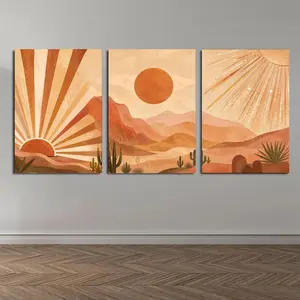 Desert Sunrise Triptych Canvas Wall Art, Terracotta Abstract Landscape Print for Living Room Bedroom Office Hallway, Available as Unframed Canvas Poster or Framed Canvas Wrap