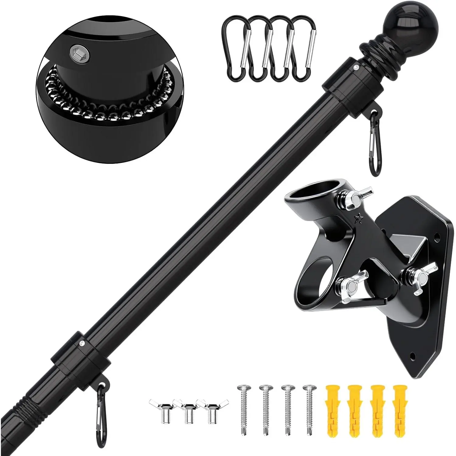 Flag Pole Kit Tangle Free Flagpole with Upgraded Bracket, 6 FT Stainless Steel Flag Poles for Outside House, Residential or Commerical for American Flag (Without Flag,Black)