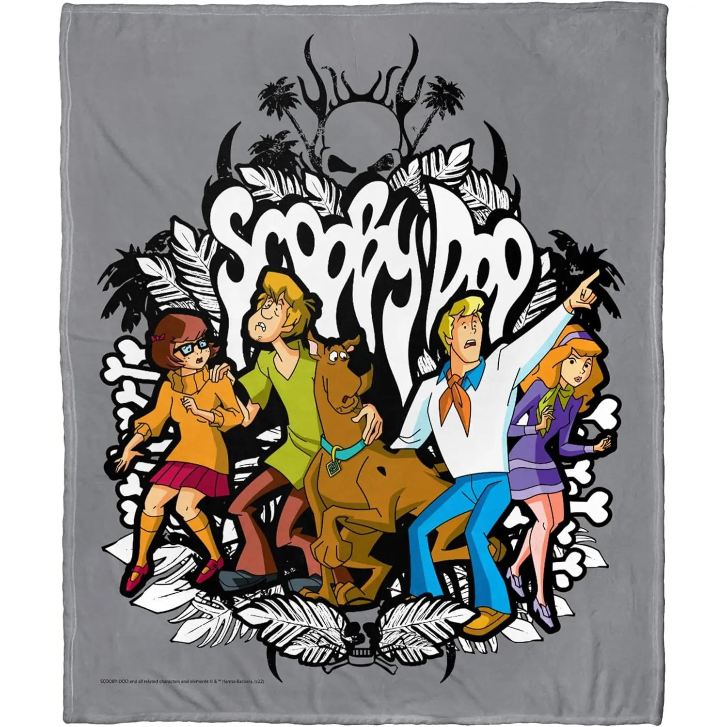 Scooby-Doo Central Five Main Character Full Group Portrait Top Giant Graffiti "Scooby-Doo" Font Tropical Palm Leaf Bone Skull Frame Light Gray Flannel Throw Blanket Retro Mystery Cartoon Fan Soft Warm Blanket Gift for Neutral Teen Fans All Ages