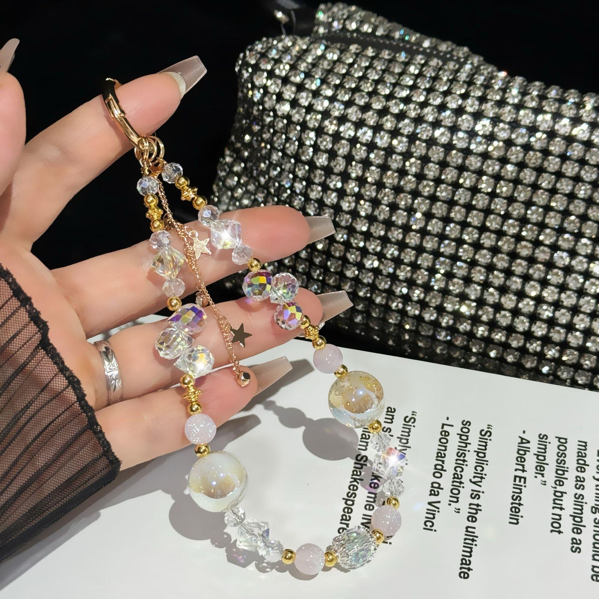 For Light Luxury Crystal Mobile Phone Chain Beaded Short Wrist Chain Fashion Butterfly Pendant Gold Leaf Hand-Made Lanyard