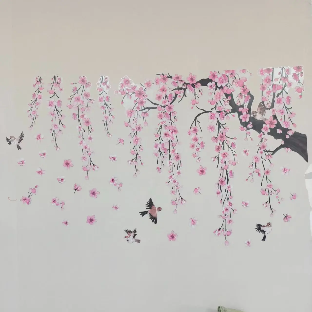 Peach Blossom Tree & Bird Pattern Wall Sticker, 4 Sheets/set Self-Adhesive Wall Decals, Flower Decals For Walls, Floral Pattern Sticker, Decorative Stickers, Decoration Items for Home Living Room and Bedroom, Vinyl Floral Wall Art, Bedroom Decorations