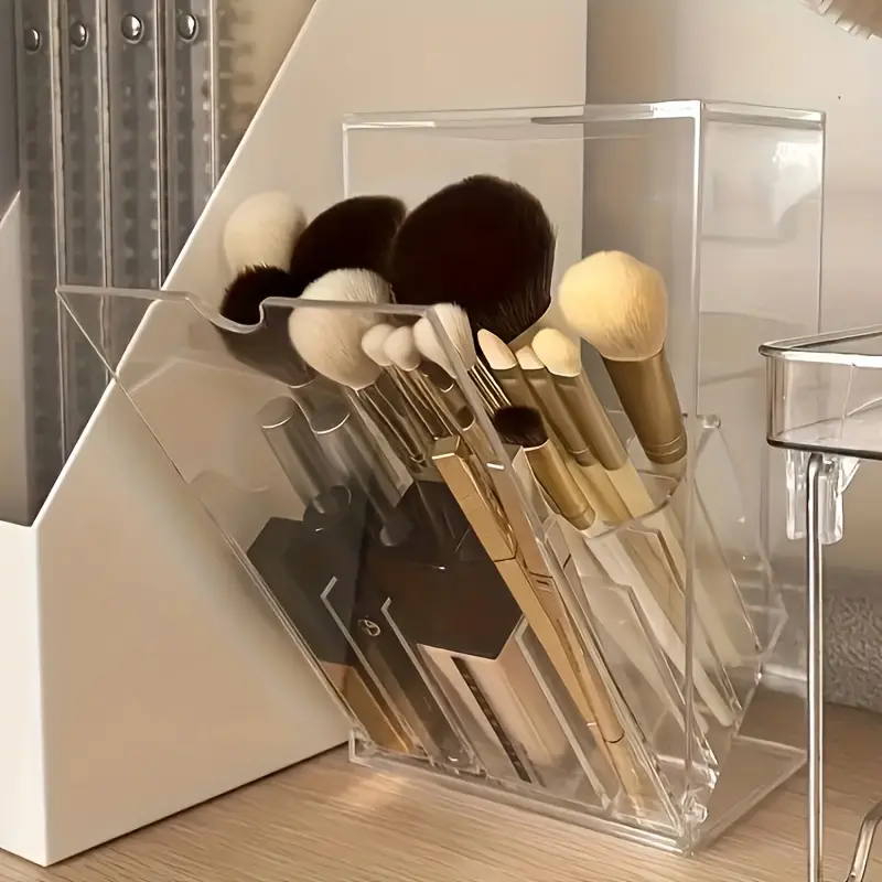 Acrylic Makeup Brush Holder - 26pcs Rectangle Modern Dustproof Brush Storage with Adjustable Compartments, Fragrance-Free Cosmetic Organizer for Desk & Vanity, Ideal Mother's Day Gift