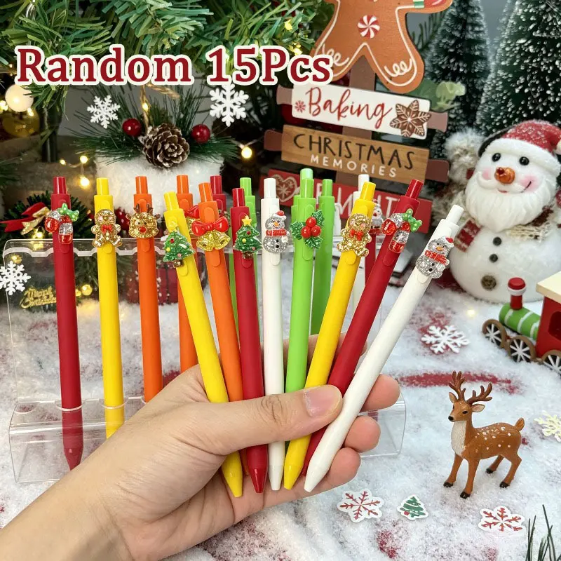 15Pcs Christmas Glitter Decor Ballpoint Pens, Multicolor Matte Barrel Holiday Writing Pens with Sparkly Santa, Snowman, Gingerbread Man & Xmas Tree Charms, Back To School Student Stationery Supplies R