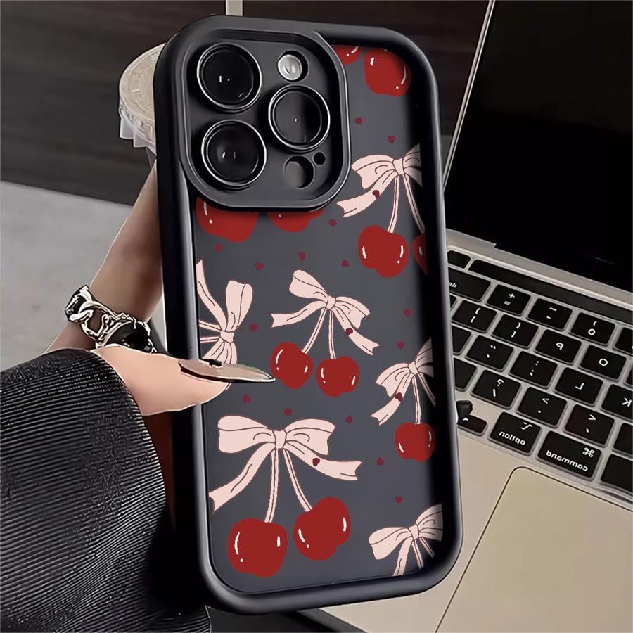 Cherry Bow Pattern Case for iPhone 17 Pro Max 16 16e 15 14 Plus 13 12 Mini 11 Air X XS Pattern Soft TPU Rubber Camera Protection Rugged Mobile Phone Cover Gift 2D printing
