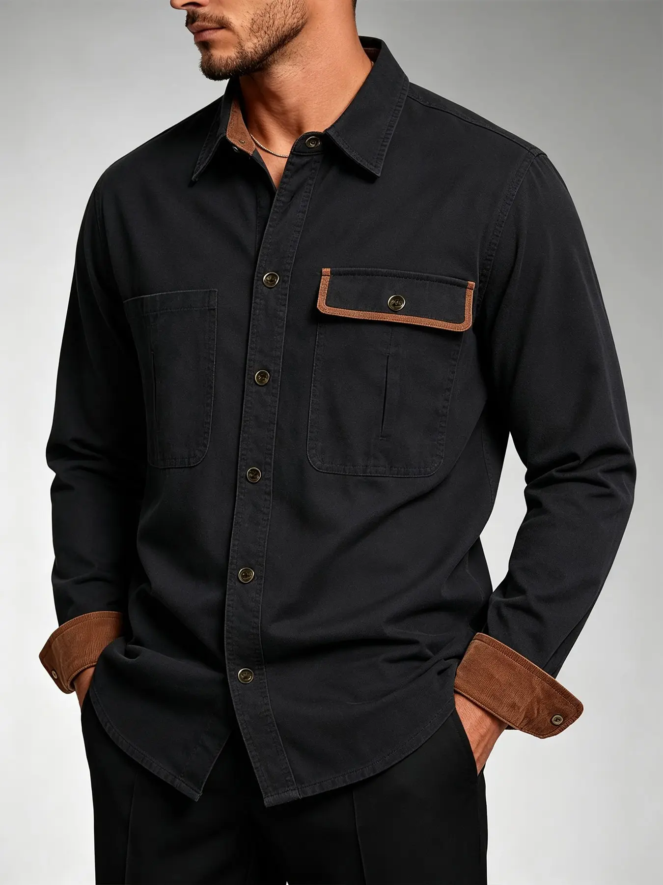 Men's Long Sleeve Button-Up Shirt Jacket, Contrast Corduroy Trim, Dual Chest Pockets, Lapel Collar, Casual Utility Shacket