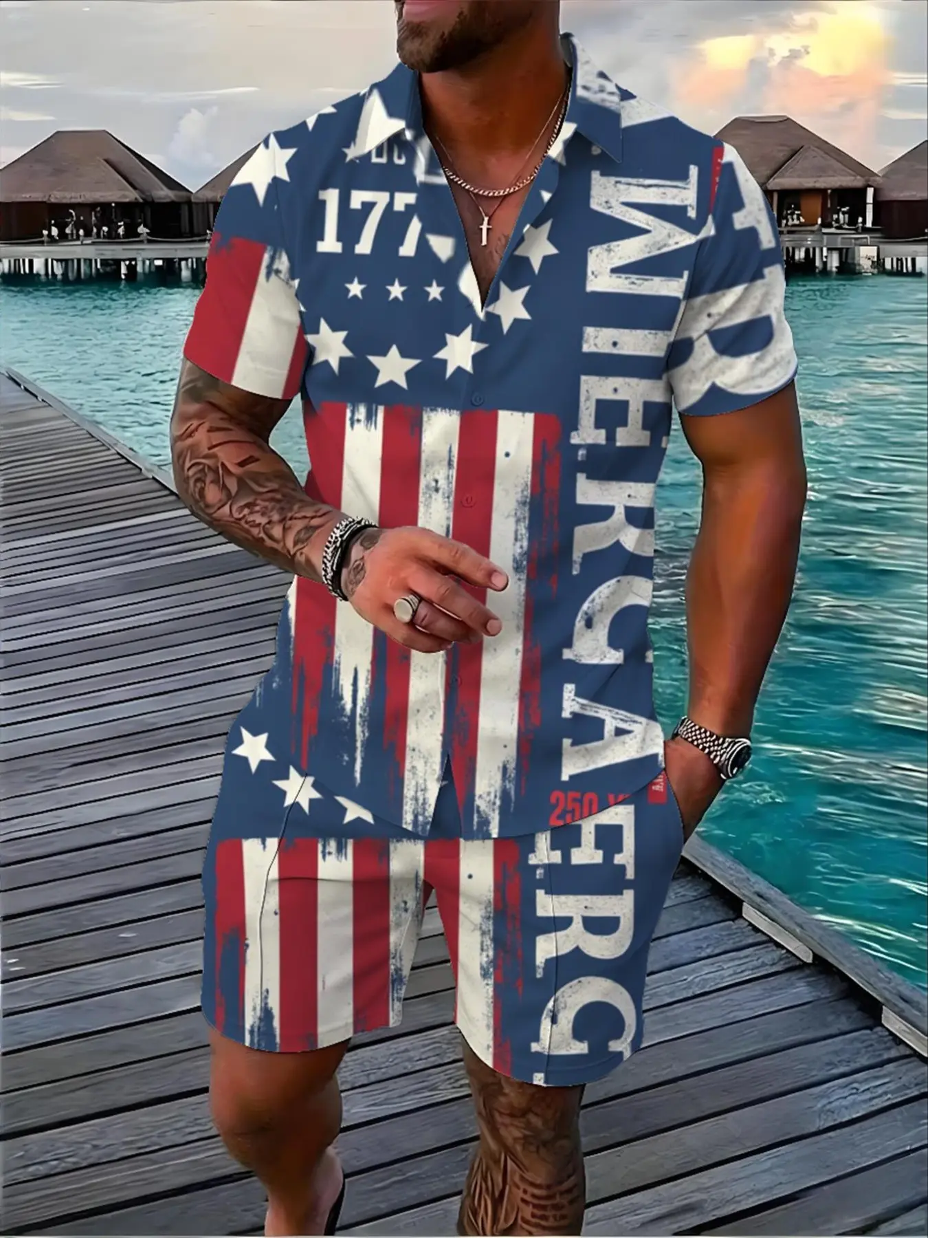 American Independence Day Festive Men's Graphic Short Sleeve Blouse Set, Casual Loose-Fitting Shirt with Collar, Patriotic Fashion Leisure Wear