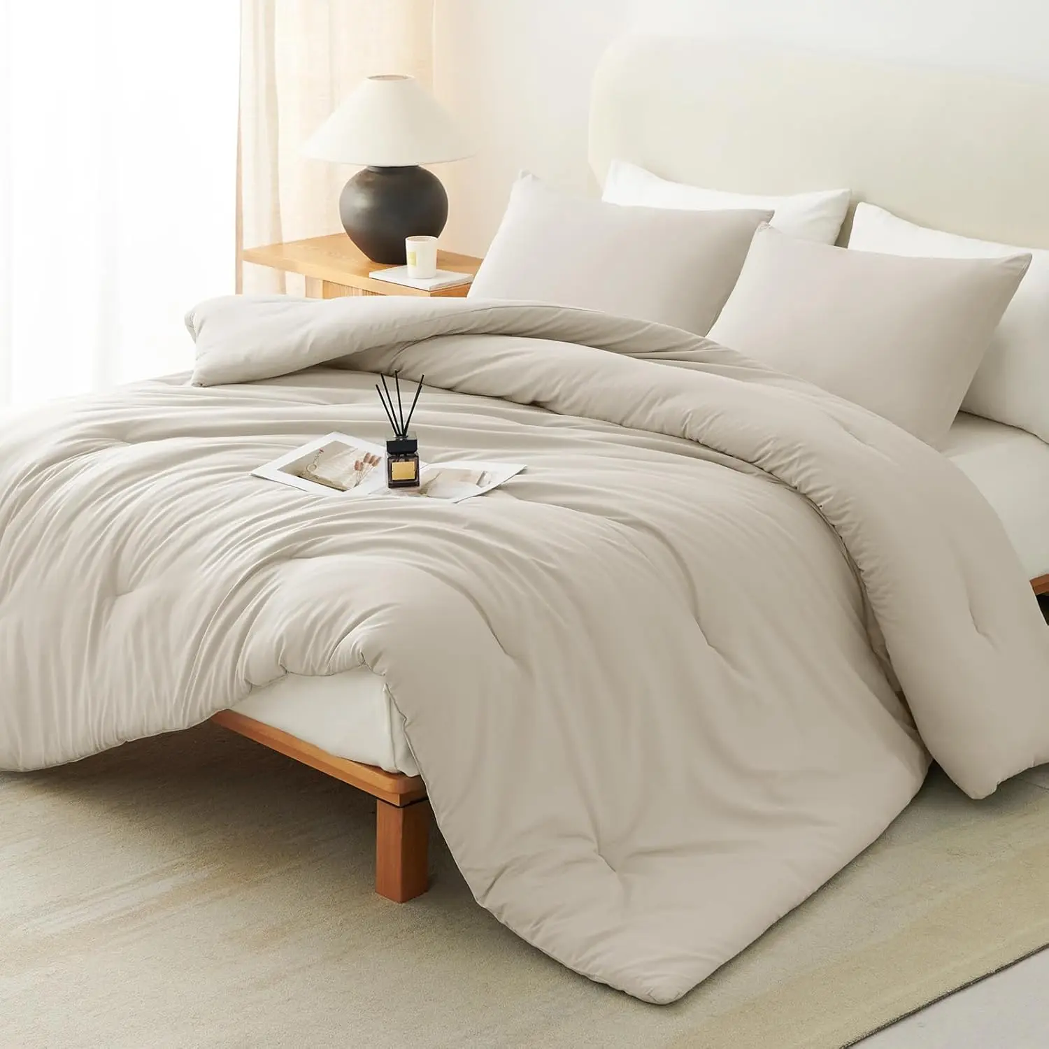 King Size Comforter Set Oatmeal, 3 Pieces Lightweight Down Alternative Quilted Bedding Sets, All Breathable Comforter with 2 Pillowcases, Soft Luxury Bed Set for Bedroom