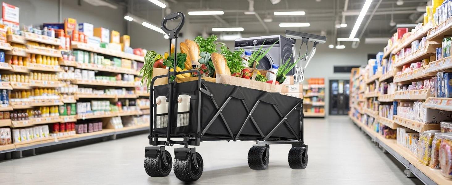 350L Large Capacity Foldable Wagon with Brakes, 560lbs Heavy Duty Collapsible Wagon Cart with Push Handle All-Terrain Big Wheels for Camping, Sports, Shopping, Beach