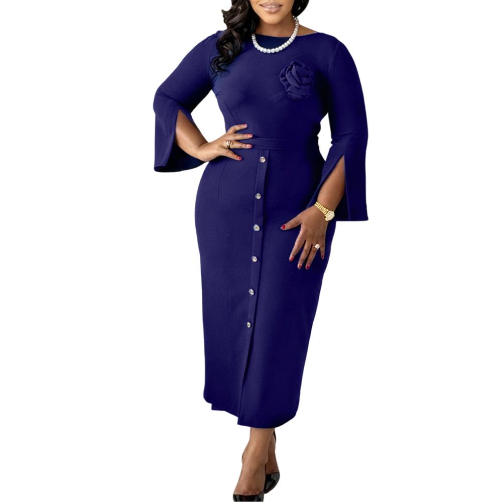 Spring Summer Clothes Latest Trendy Women Elegant Classy Church Dresses Slit Sleeve African Dress Office Ladies Work Formal Events Gown with Flower