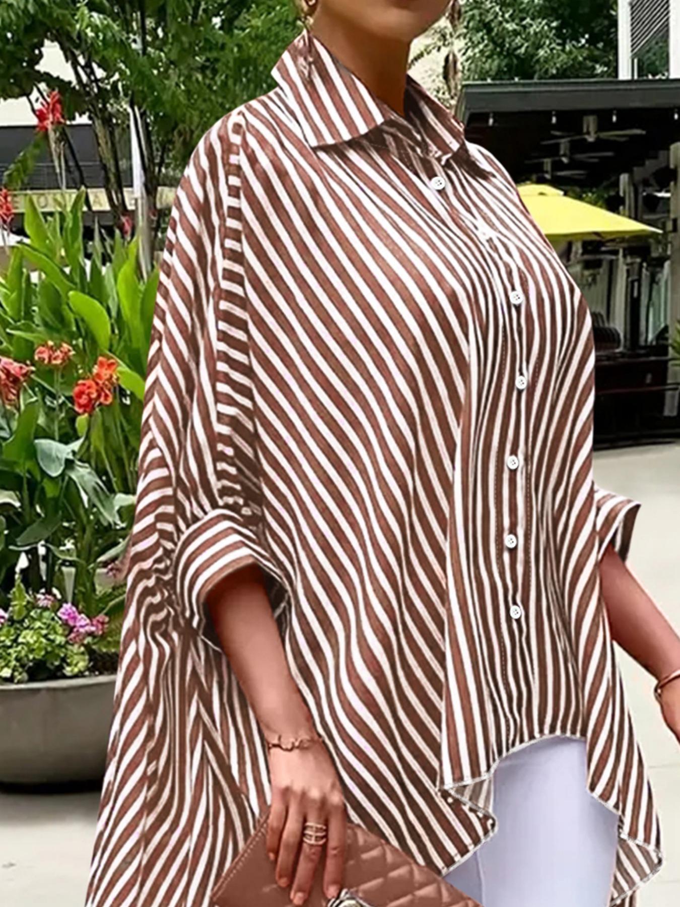 Women's Striped Print Button Front Shirt, Casual 3/4 Sleeve Collared Top for Spring, Ladies Clothes for Daily Wear