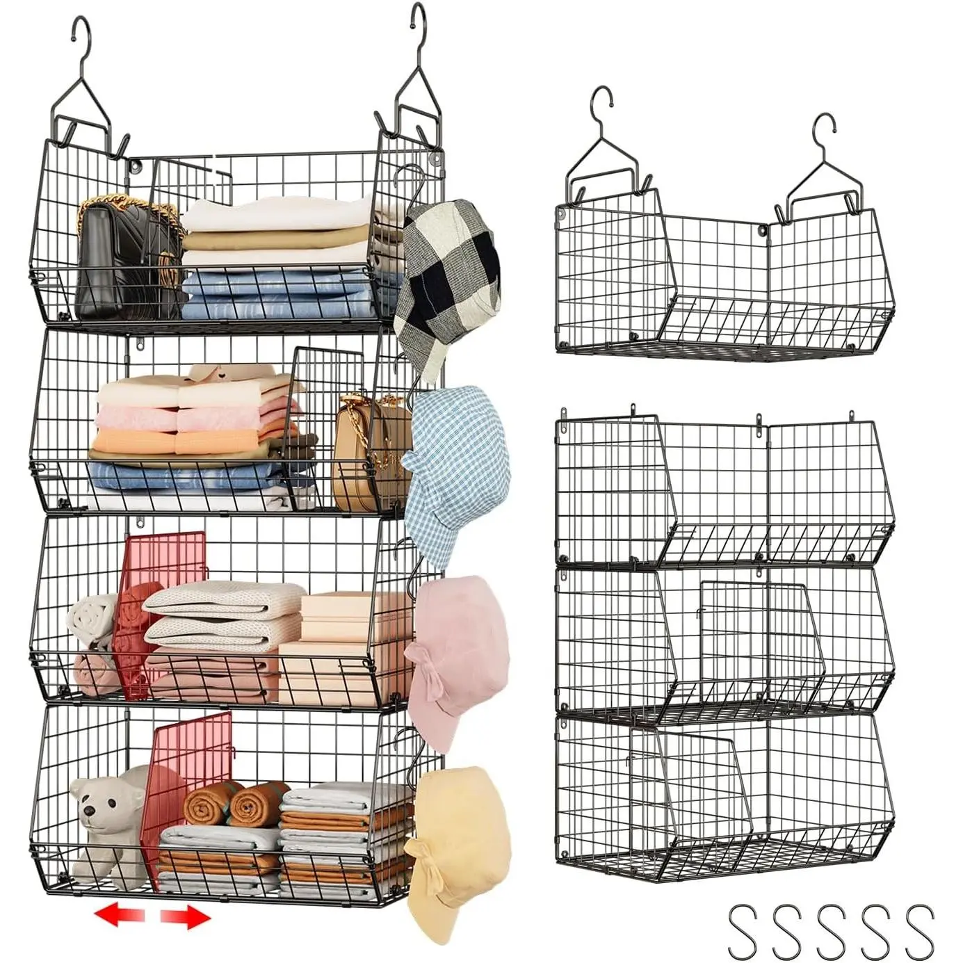 4 Tier Hanging Closet Organizer with Dividers,Extra Large Storage Hanging Shelf with 5 S Hooks 4 Dividers,Hang on Wire Closet Shelving Clothes Organizer-Black