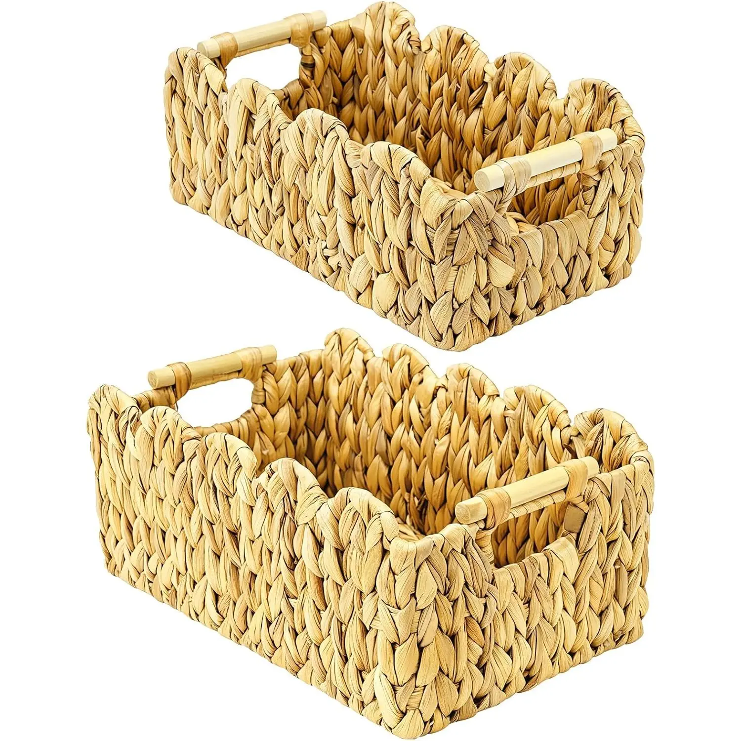 2Pack Scalloped  Wicker Basket,Hand-Woven Rattan Baskets with Wooden Handles, Water Hyacinth Basket for Laundry,Shelves,Decorative Basket