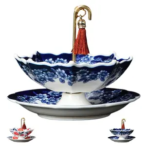 Umbrella Shaped Ceramic Tea Infuser Set with Matching Saucer, Vintage Floral Pattern Loose Leaf Tea Strainer with Tassel Detail, Elegant Table Accessory for Home Tea Brewing, Coffee Filter and Household Decor Display