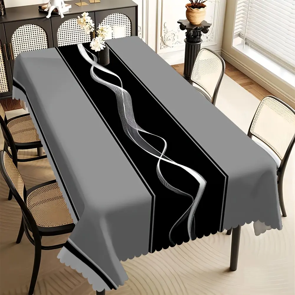 High-grade Modern grey-black vertical striped irregular shape pattern printed lace tablecloth, waterproof and stain-resistant reusable square tablecloth, suitable for decoration in living rooms, dining rooms and hotels