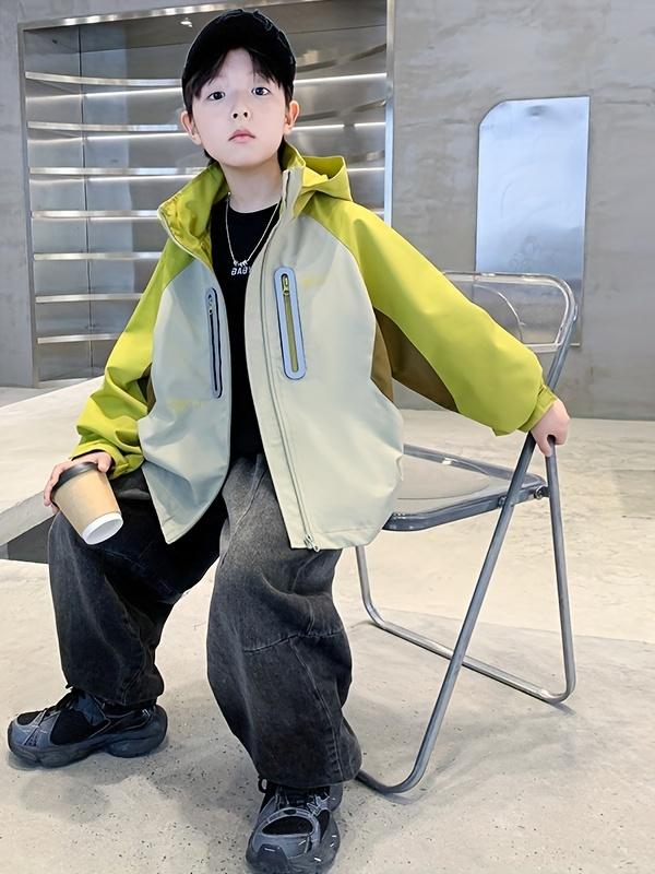& ' Hooded Jacket with Half-Zip & Full-Zip Front - Lime Green/Yellow/Brown Color Block Windbreaker, Full-Zip Hood & Full-Zip Back, Durable for Kids Outdoor, Casual Wear (Spring/Fall) - Easy-Care Zipper