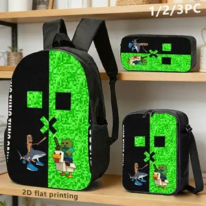 1 piece/2 piece/3 piece backpack, shoulder bag and storage bag, designed in pixel style, the theme is the interactive scene between game characters and animals, the black and green color scheme is bright, suitable for young users to commute,