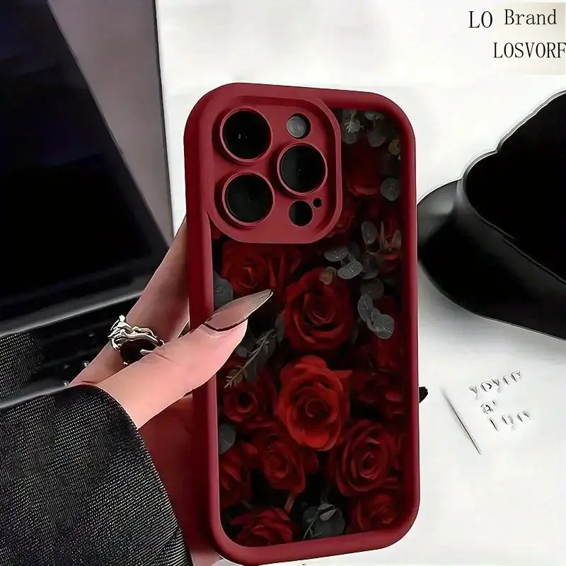 LOSVORF Bright Red Rose Full-Screen Design Protective Silicone Phone Case, Advanced Fashion Gift Casing, Shockproof, Slim Durable, Full Camera Guard Accessories, Fits iOS Devices iPhone 16/16E/15/14 Pro Max/13/12/11/XR/XS Plus