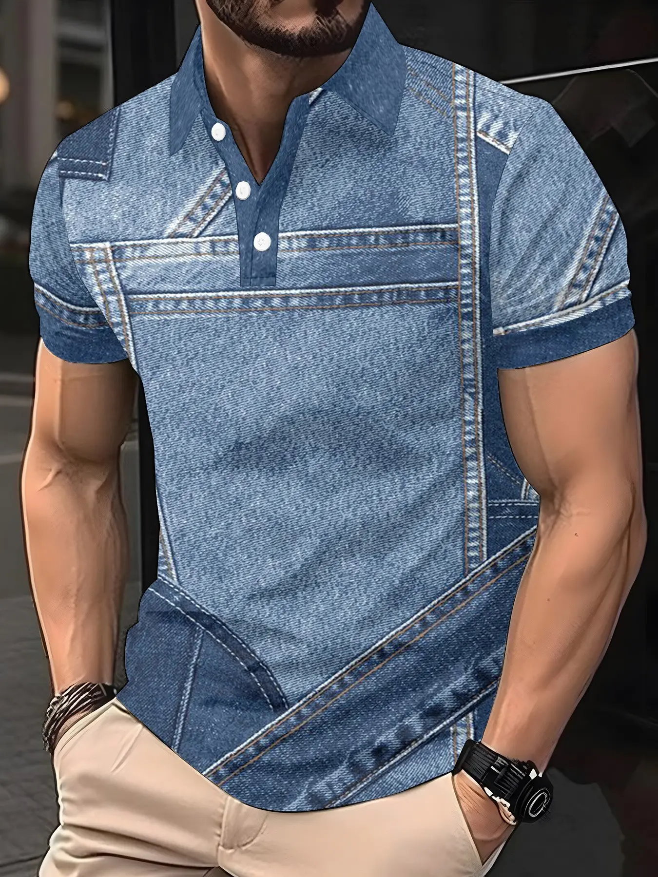 Spring & Fall Classic American Workwear Style Fake Denim Collared Polo Shirt, All over Print, Loose-Fitting, Short Sleeve, Casual Button Front Top