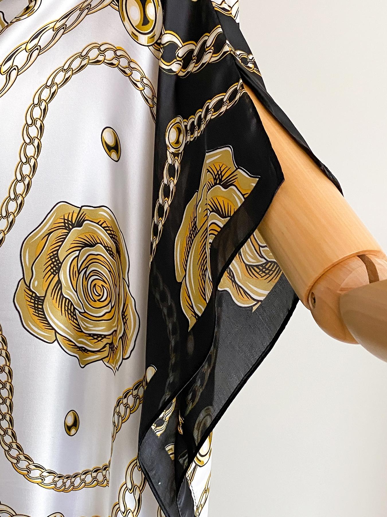 Elegant Floral Print Robe Set with Shawl Collar Dress, Long Scarf Headband for Women, Beach Sun Protection Satin Silk Fabric