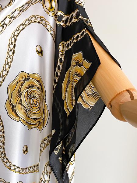 Elegant Floral Print Robe Set with Shawl Collar Dress, Long Scarf Headband for Women, Beach Sun Protection Satin Silk Fabric