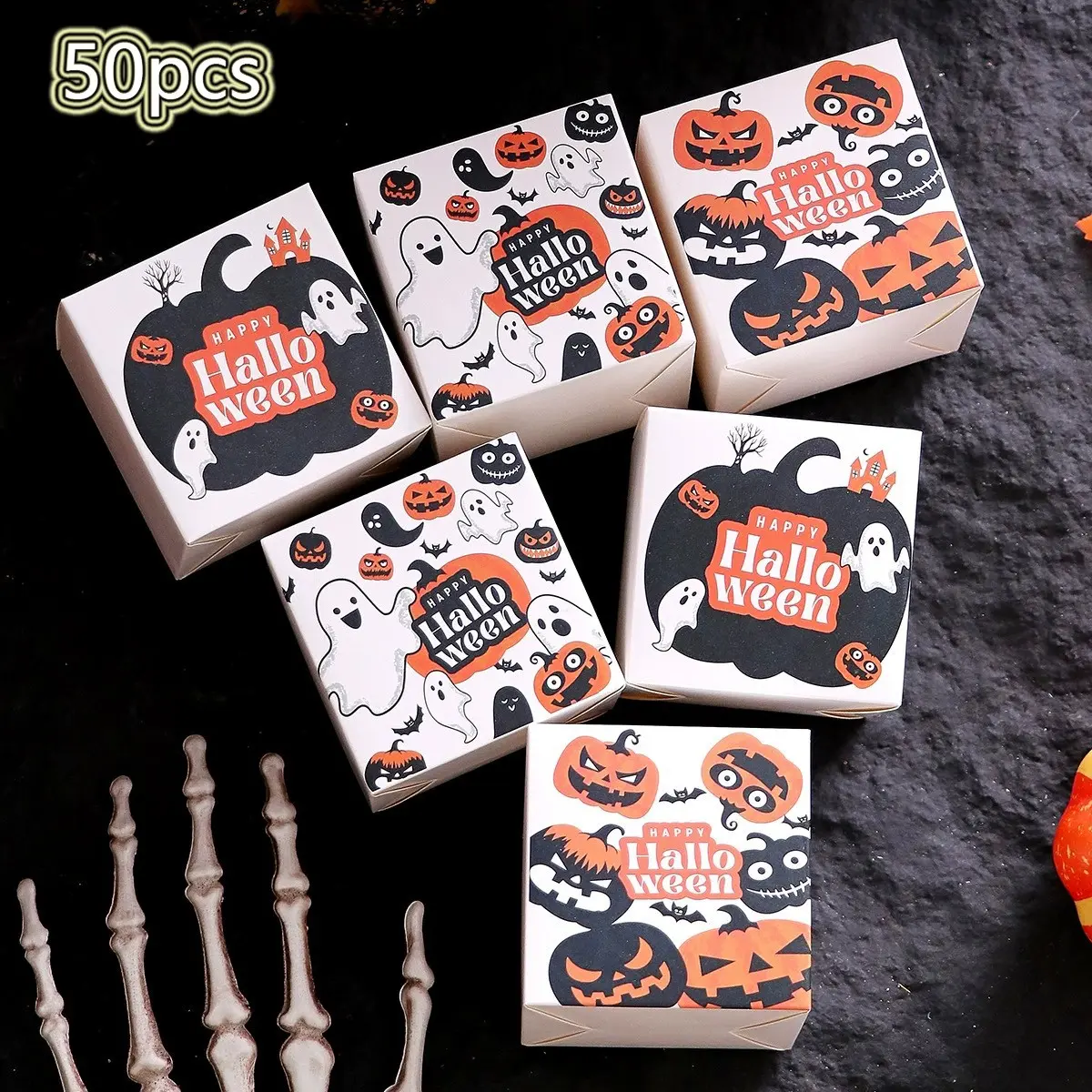 50pcs Halloween Pumpkin Ghost Bat Letter Cartoon Candy Biscuit Box, Party Gift Packaging Box Set, Treat Box