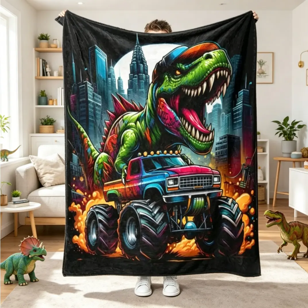 Dinosaur & Truck Adventure Flannel Blanket, Prehistoric & Automotive Fusion Design Plush Fleece Throw Blanket for Adults & Kids, Ultra Soft Warm Cozy Blanket for Bed Sofa Couch Travel, Kids Bedroom Decor Birthday Christmas Gift